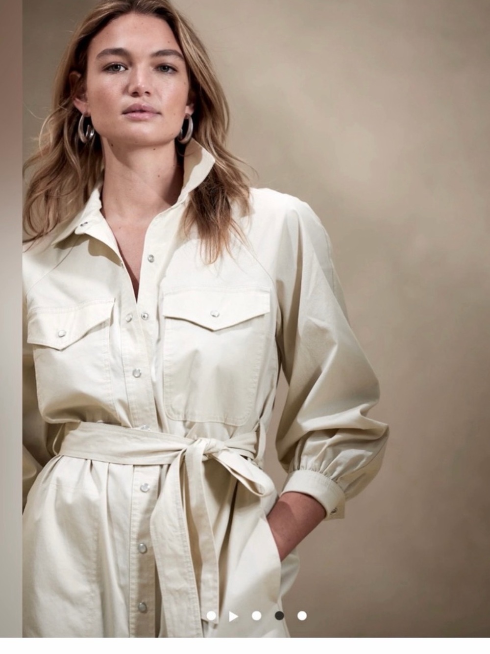 Banana Republic Cream Tie-Waist Trench Shirt Utility Midi Dress Minimalist